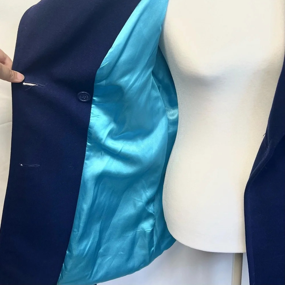 JOUJOU Double Breasted Navy Blue Belted Wool Trench Coat with Lining Size Large - Picture 7 of 16